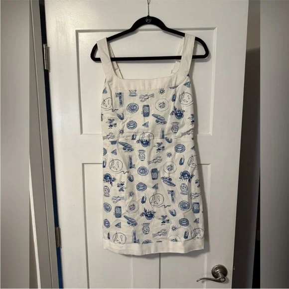 NWT Abercrombie Linen-Blend Wide Strap Mini Dress Mediterranean Greek Print - Picture 3 of 7